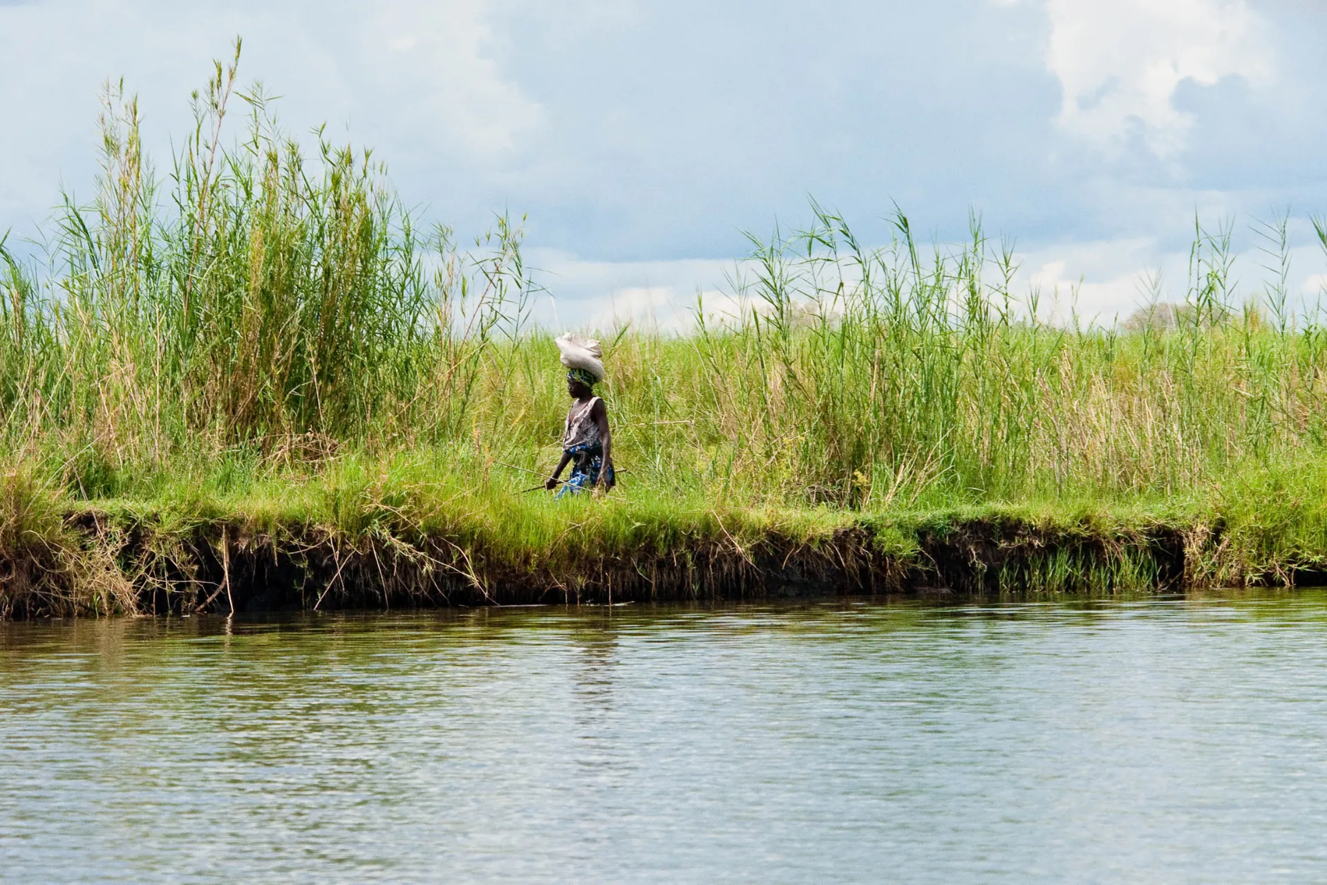 Nainen joen rannalla kantaa säkkiä päänsä päällä korkean ruohon läpi Nainen joen rannalla kantaa säkkiä päänsä päällä korkean ruohon läpi