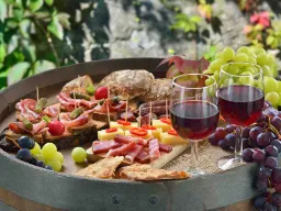 Italialaisia antipasteja viinin ja rypäleiden kera Italialaisia antipasteja viinin ja rypäleiden kera