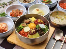 Jeonjun bibimbap – yksi Korean kuuluisimmista ruoista, tarjoillaan riisin, vihannesten, lihan ja kananmunan kanssa