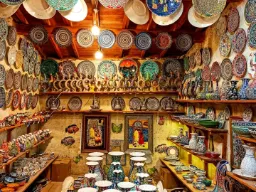 Kauppa, jossa on värikkäitä, käsinmaalattuja keramiikkalautasia, kulhoja ja maljakoita kodikkaassa, rustiikkisessa tunnelmassa Kauppa, jossa on värikkäitä, käsinmaalattuja keramiikkalautasia, kulhoja ja maljakoita kodikkaassa, rustiikkisessa tunnelmassa