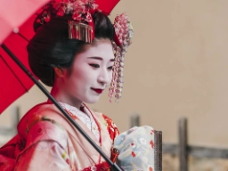 Kaunis maiko (geisha-harjoittelija) perinteisessä kimonossa ja päivänvarjon kanssa