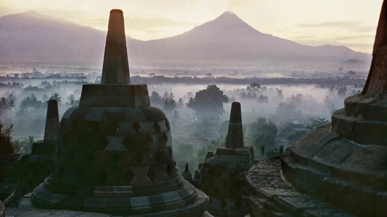 Auringonnousu Borobudur-temppelillä Jaavalla Auringonnousu Borobudur-temppelillä Jaavalla