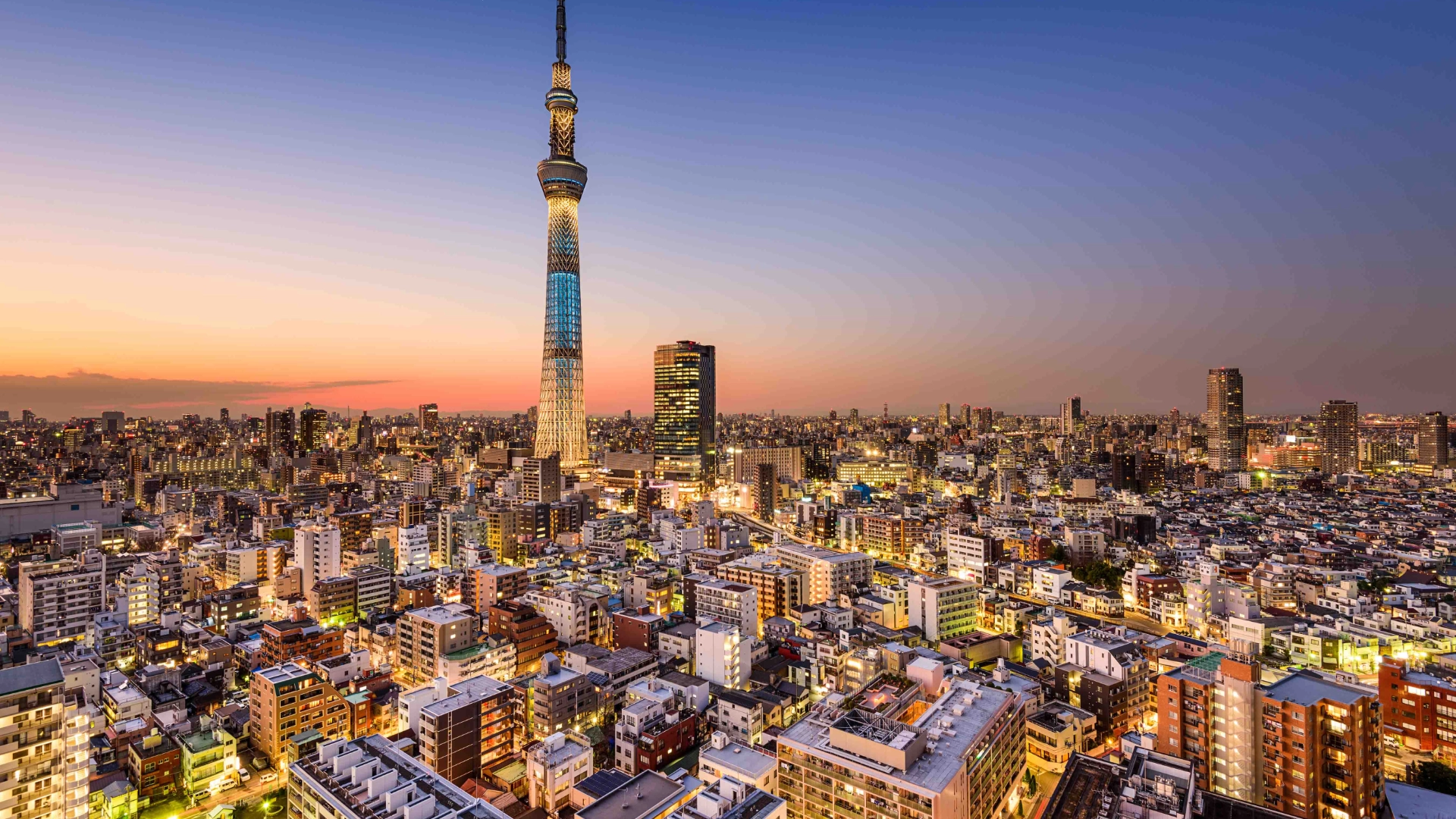 Panoraamanäkymä Tokioon, jonka keskipisteenä on ikoninen Tokyo Skytree